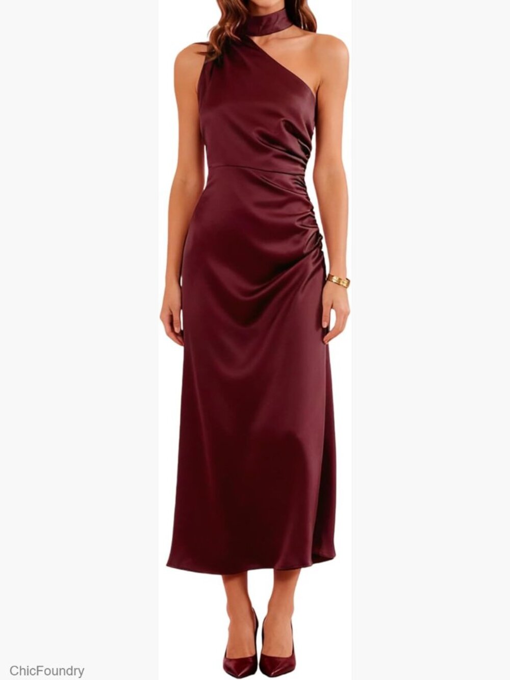 Elegant One-Shoulder Floor Length A-Line Dress With Pleated Details